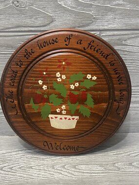 Vintage Folk Art 10” Hand Painted Strawberries Wooden Round Plaque Welcome Sign